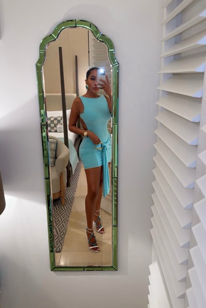 Image of AQUA BACKLESS MINI DRESS WITH DRAPED DETAIL (XS)