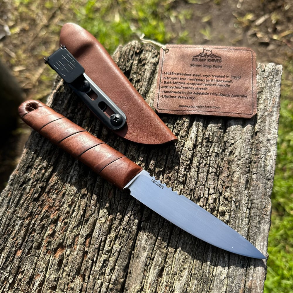 Image of 90mm drop point 14c28n leather