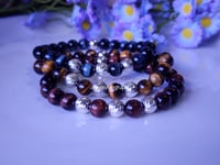 Image 2 of Mahogany Red Tiger Eye/Sterling Silver Bracelet /Men Stretch Bracelet