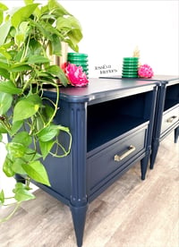 Image 7 of Vintage Stag Chateau Bedside Tables / Bedside Cabinets painted in navy blue.