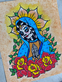 Image 4 of Day of the Dead Praying Virgin Mary with Flowers Tattoo Art Print