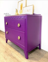 Image 4 of Vintage Harris Lebus CHEST OF DRAWERS painted in bright purple with glass top
