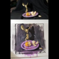 Image 3 of Brass Mouse with Oranges - original mixed media painting on paper