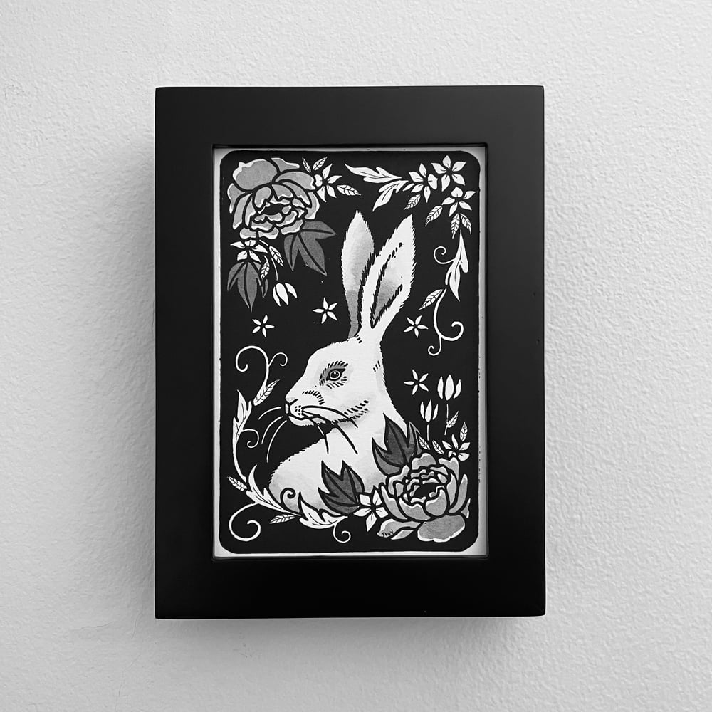 Rabbit And Peonies Linocut Print