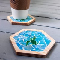 Image 2 of Deep Blue Water Turtle stained glass mosaic coaster, set of 2