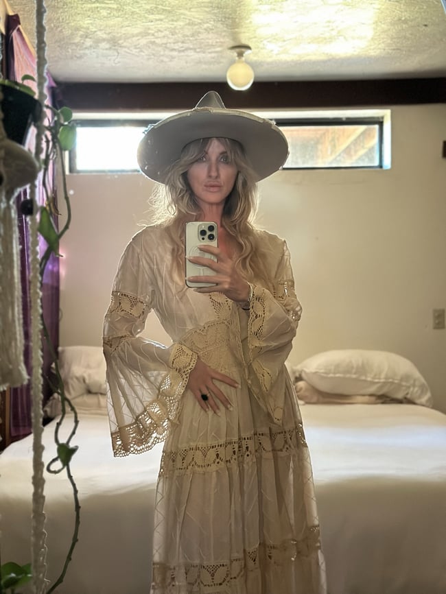 early 1970s Mexican pintucked fan sleeve cotton wedding maxi dress