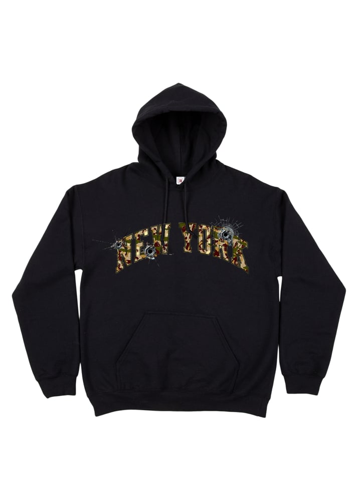 Image of NY BULLET HOLE CAMO BLACK HOODIE