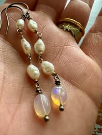 Image 8 of sterling and 14k gold pearl opal dangle earrings