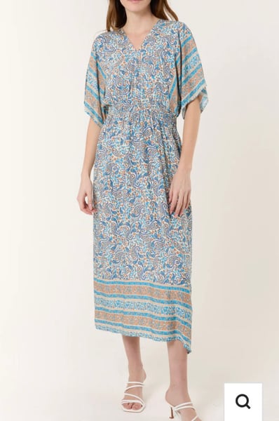 Image of BLUE PAISLEY PRINT V-NECK & BACK MIDI DRESS