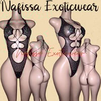 Image 3 of Women's Sparkly Rhinestone Sheer Mesh Bodysuit and Thong Set