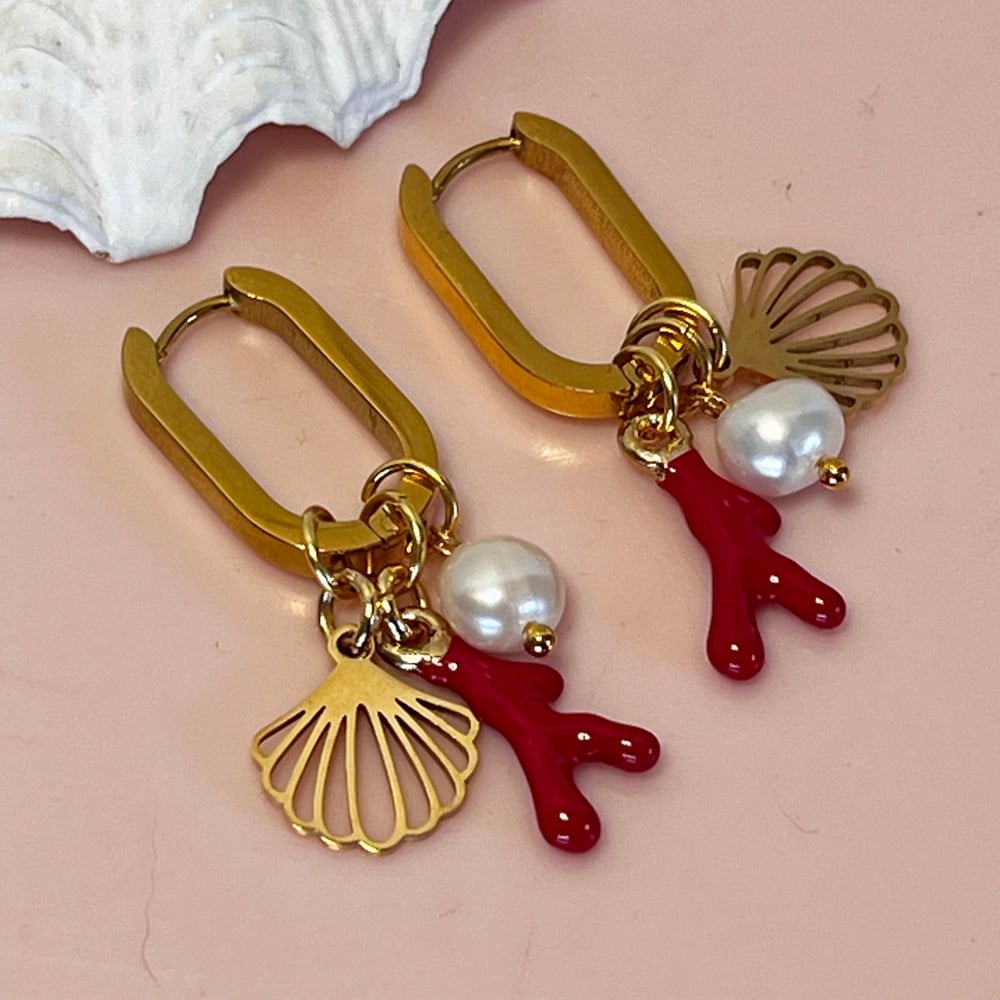 Image of Triple Charm Oval  Huggie Hoops (larger) - coral, pearl and shell