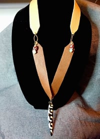 Image 1 of Beige leather necklace with mud cloth bead pendant