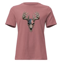 Image 4 of Women's Relaxed T-Shirt, Americana Deer Skull with Antlers Patriotic Tee
