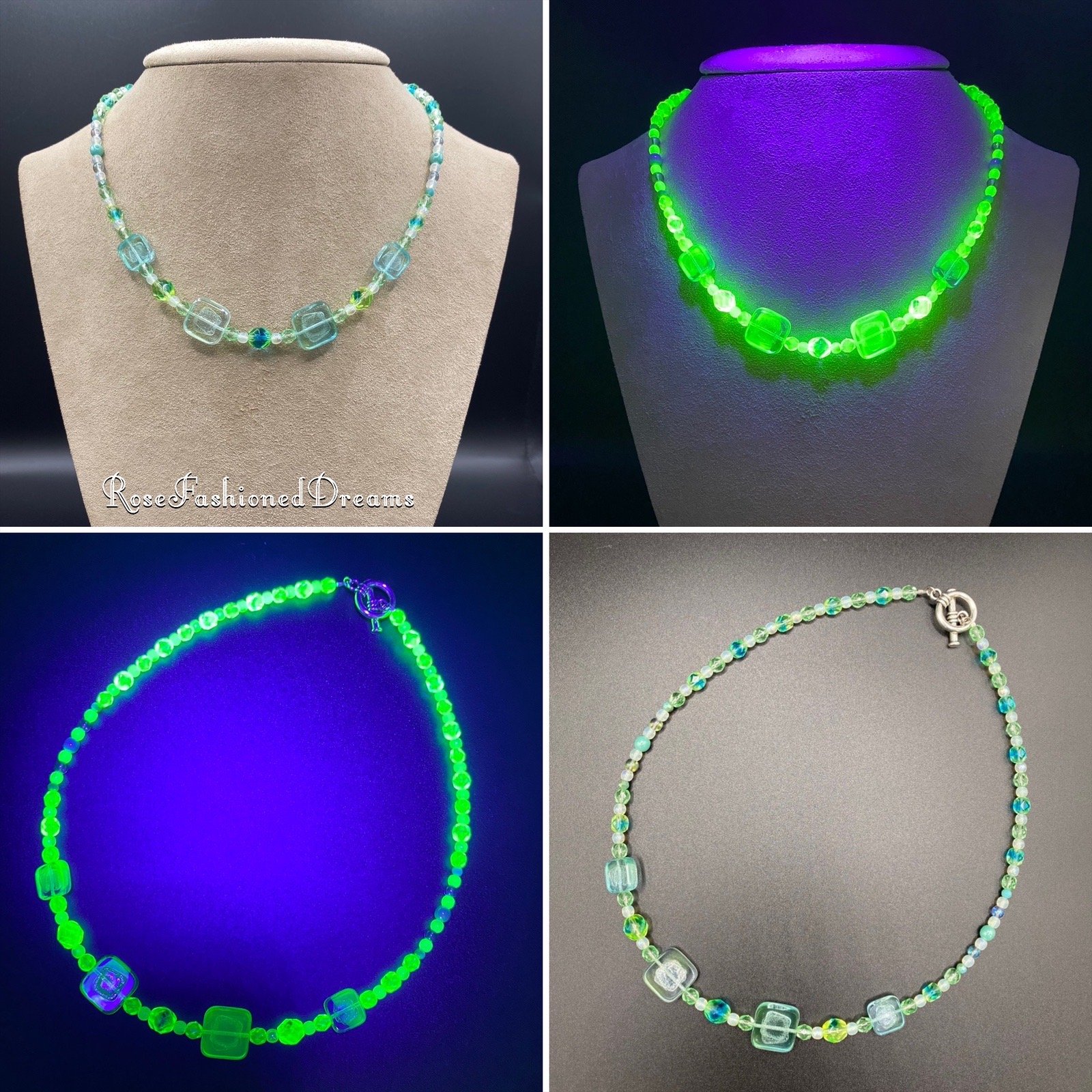 Twisted Square Uranium Glass Beaded Necklace