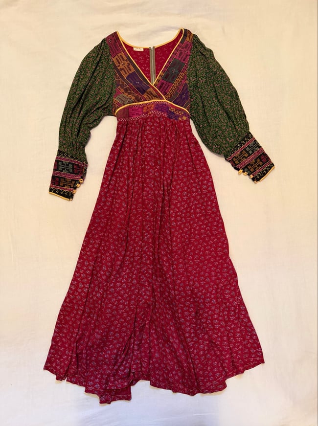 1970s Afghani hand crafted embroidered poet sleeve bohemian dress