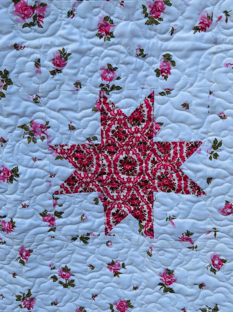 Image of star rose floral baby quilt, baby girl quilt, stroller quilt, crib quilt, car seat quilt, floor play