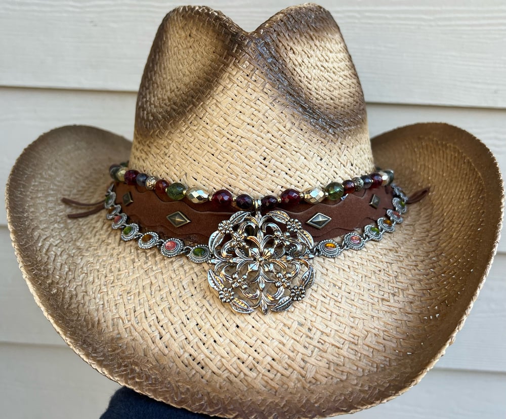 2 Tone Brown Cowboy Hat Bead, Leather & Medallion Band 