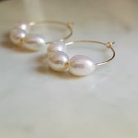 Image 4 of Gold Filled Three Pearl Hoop Earrings 