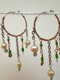 Image 2 of Copper and green bead hoops with freshwater pearls
