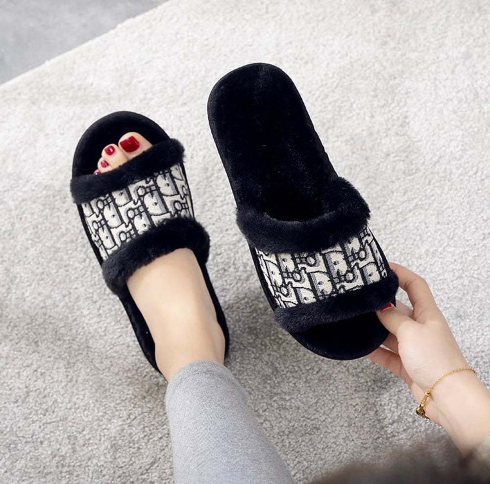 Image of Dior Color Embroidery Printed Plush Slippers