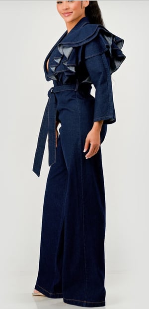 Image of Dark Denim Ruffle Shoulder Jumpsuit