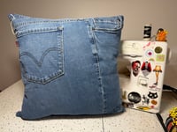 Image 2 of Upcycled “David Bowie” t-shirt and denim toss pillow