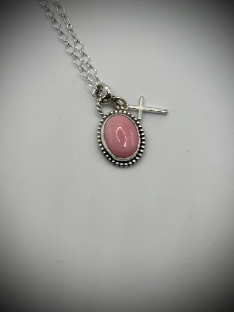 Image of Dainty Pink Conch & Cross Necklace 🩷