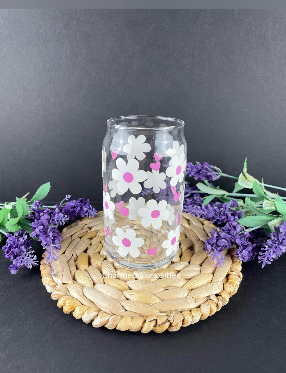 Purple Hearts & Flower 16oz Libbey Glass Can 