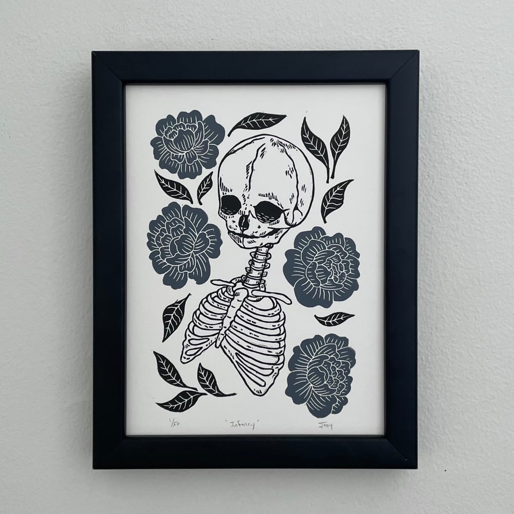 Fetal Skeleton And Peonies Linocut Print