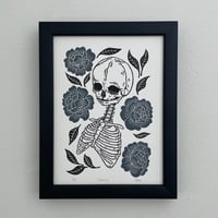 Image 1 of Fetal Skeleton And Peonies Linocut Print