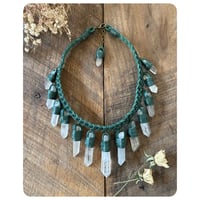 Image 2 of The Empress Necklace - Clear Quartz Crystals and Forest Green Leather