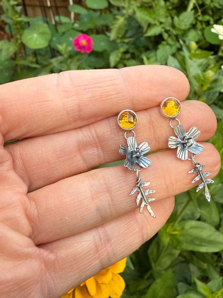 Image of Signet Marigold Flowers Leaves Citrine Stud Earrings