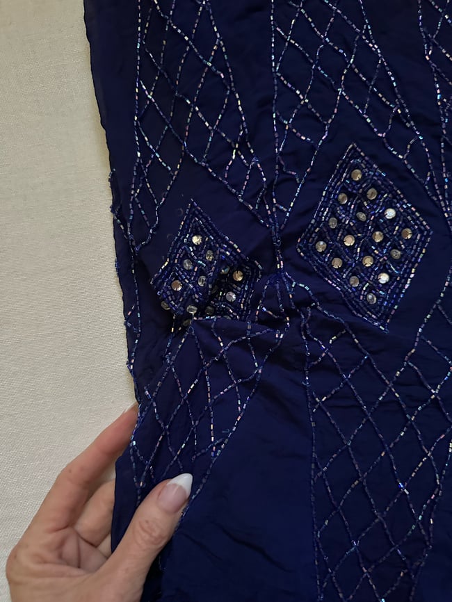 70s does 20s Saks Fifth Avenue sapphire silk flapper dress 