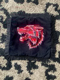 Image 1 of Red wolf black velvet with black tassel fringe cushion cover