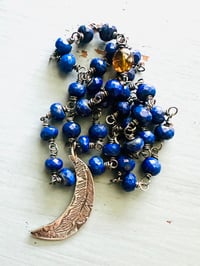 Image 4 of faceted lapis and brown garnet necklace with moon quote pendant