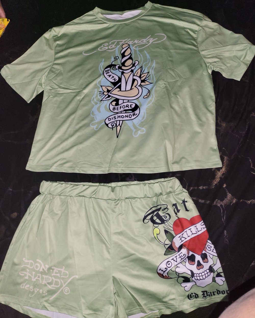 Image of Skull Head Letter Print Shorts ed Hardy Set