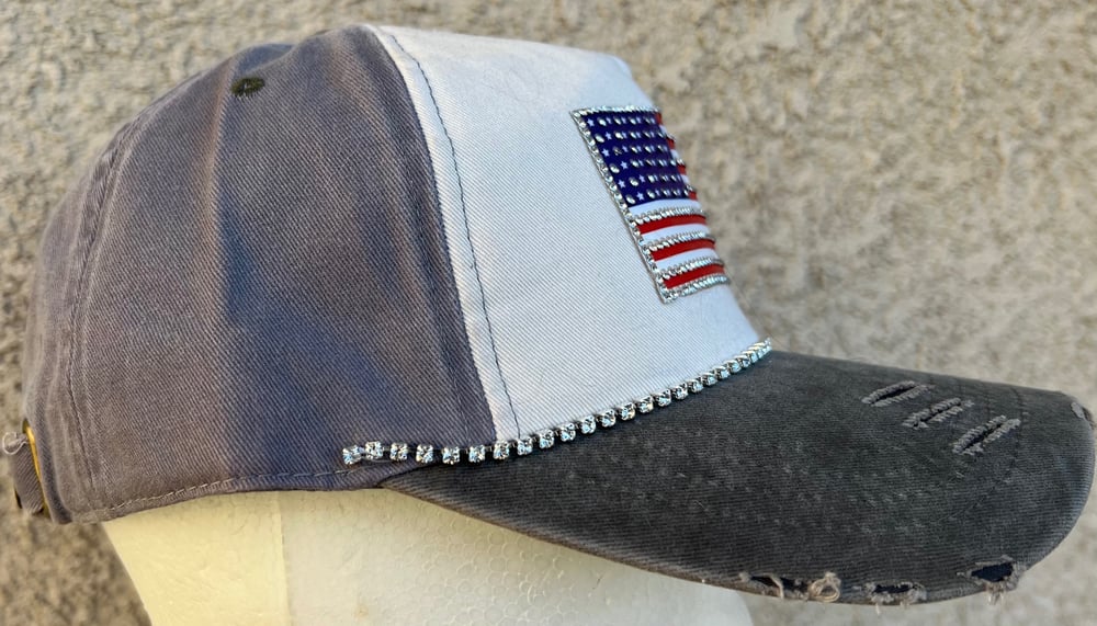 Acid Washed White/Blue/Gray Crystal Flag Baseball Hat