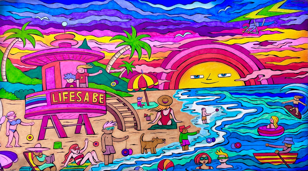 Image of Sunset at the Yo-Yo Beach original ink illustration 