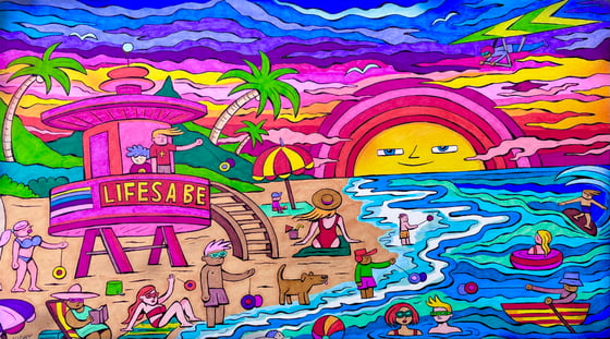 Image of Sunset at the Yo-Yo Beach original ink illustration 