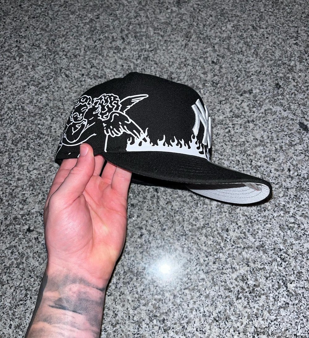 Image of BLACK ANGELIC FLAME YANKEES CUSTOM FITTED CAP