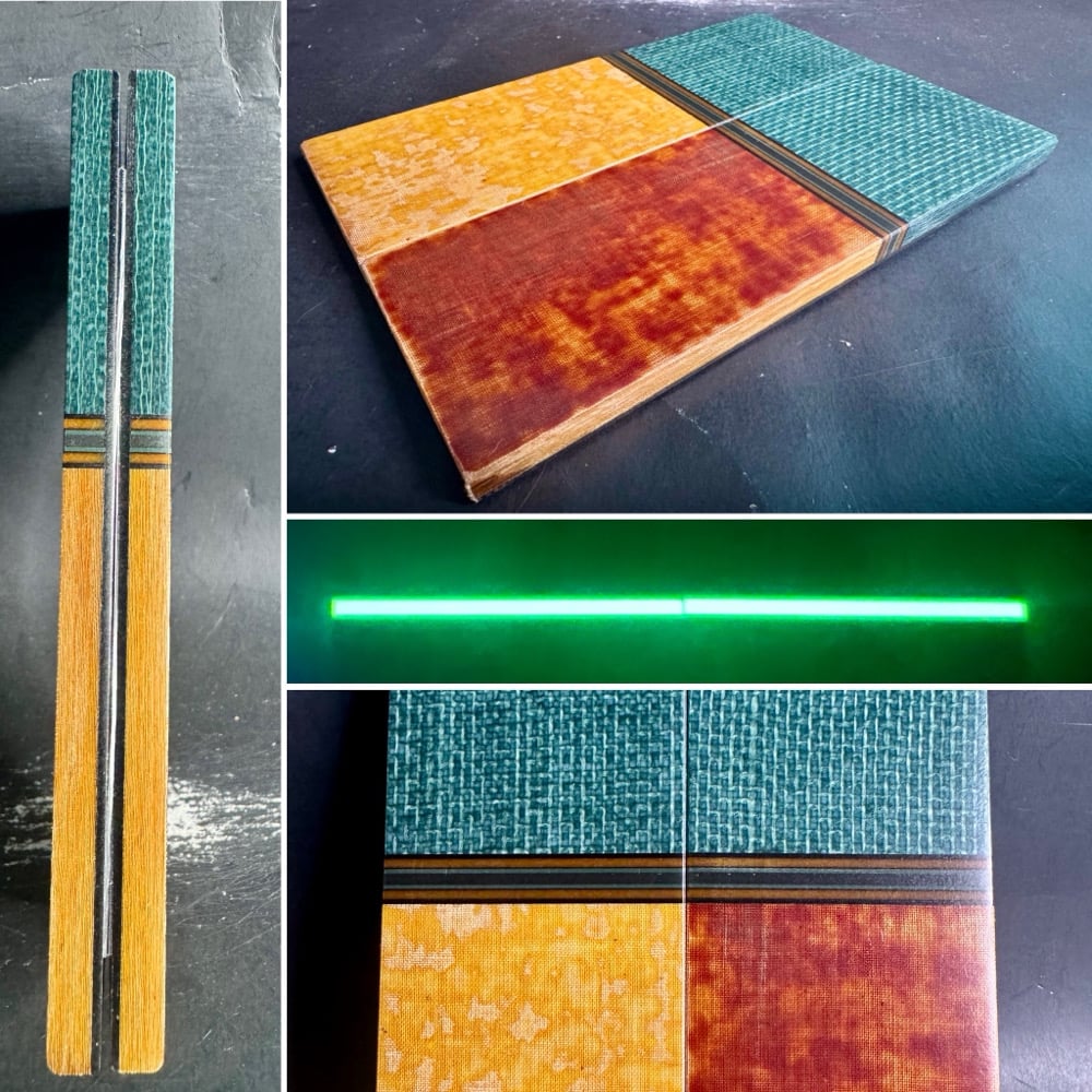 Image of Green Burlap Micarta & Vintage Butterscotch Micarta GLOW Segmented Knife Scales