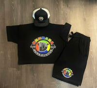 2 piece black short set with snapback hat