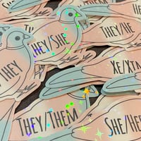 Image 1 of Pronoun Pigeon Glitter Vinyl Waterproof 3” LGBTQ2S Transgender Sticker