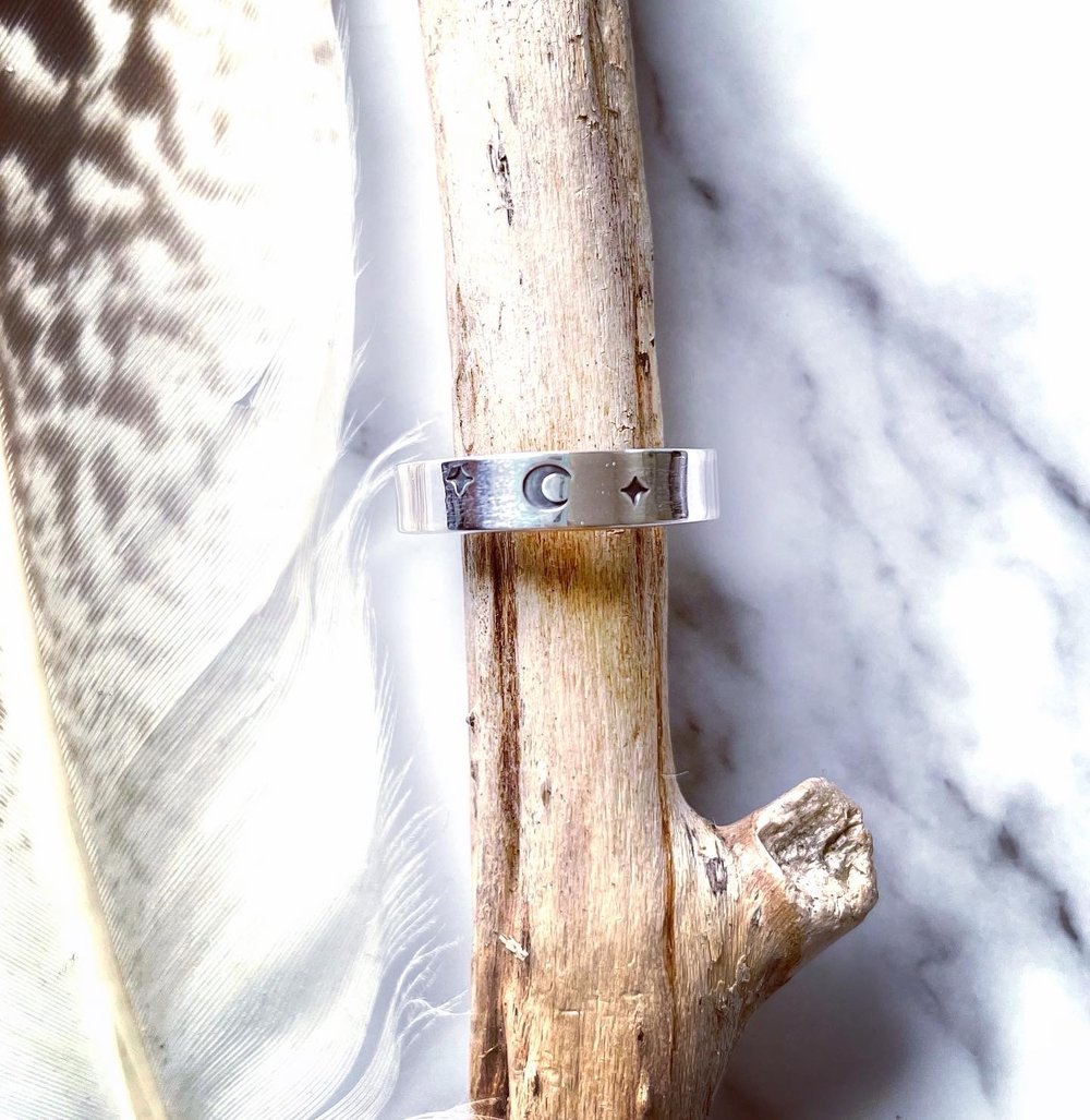 Celestial Sterling Silver Wedding Rings. Crescent Moon & Sun Rings - Oxidised