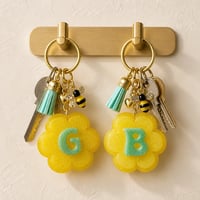 Image 2 of Monogram Keychain in Yellow & Green with Tassel and bumble bee charm