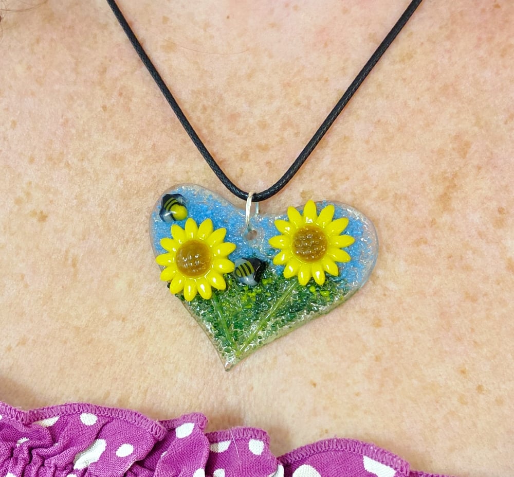 Image of Fused Glass Sunflower and Bee Pendant