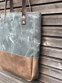 Image 2 of Waxed canvas tote bag in slate with base in oile leather