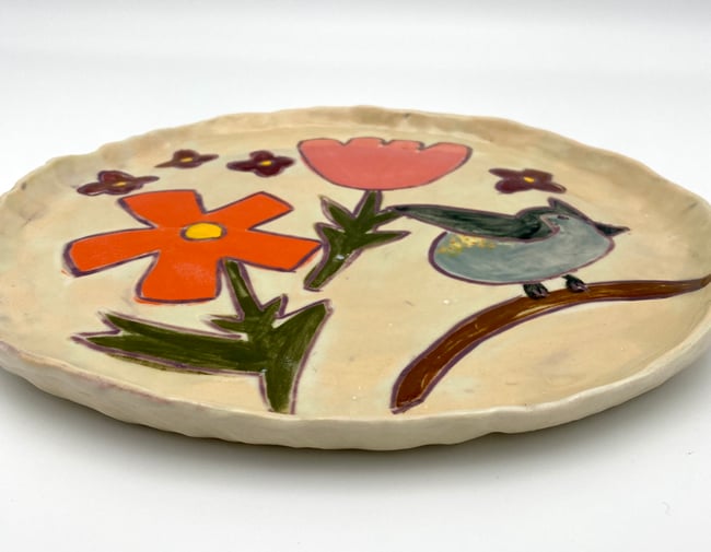 Flowers w Tufted Titmouse Bird Plate 
