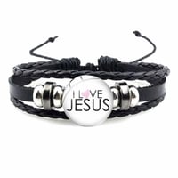 Image 3 of Jesus Fish Christian Symbol Bracelet Handmade Glass Gem Punk Black Woven Leather Bracelet Men'S And 