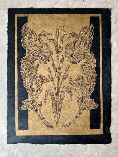 Image of Swans Lino print Gold Black